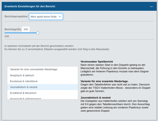Erweiterte Einstellungen für den Bericht